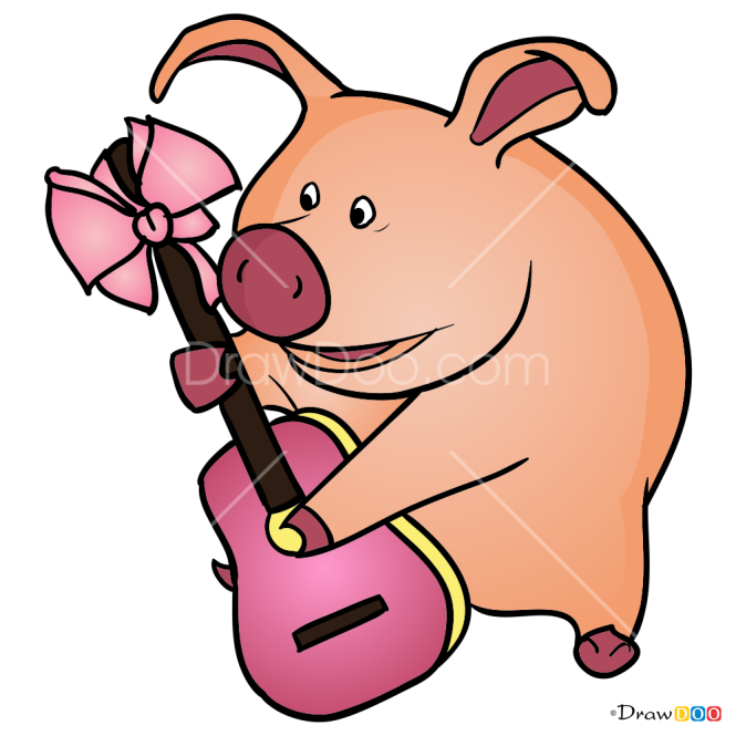 How to Draw Pig with guitar, Masha and The Bear